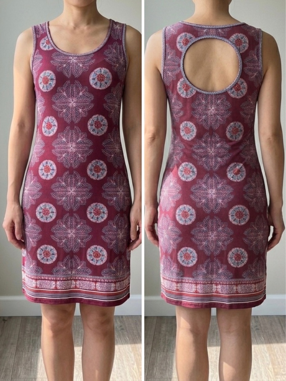 Max Studio Medallion Sheath Dress Burgundy Blue Geo Print Keyhole Back Sz S EUC